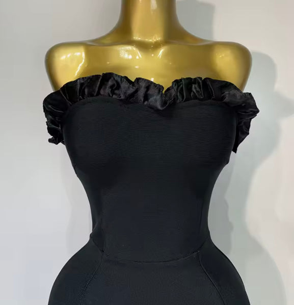 Women Black Ruffled Strapless Mesh Patchwork Maxi Dress