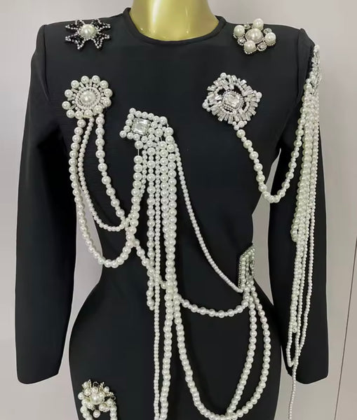 Women Black Sexy Beaded Pearl Full Sleeve Dress