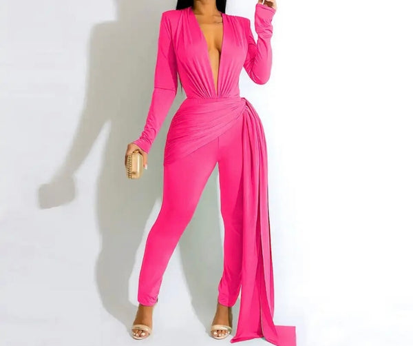 Women Sexy Deep V-Neck Full Sleeve Asymmetrical Jumpsuit