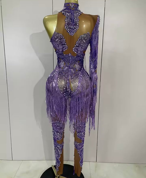 Women Sexy Purple One Shoulder Rhinestone Mesh Tassel Jumpsuit