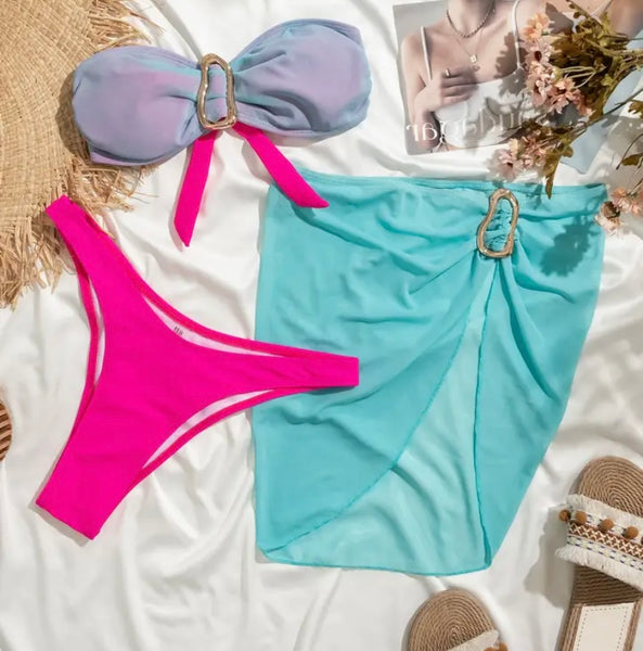 Women Sexy Strapless Color Patchwork Bikini Cover Up Set