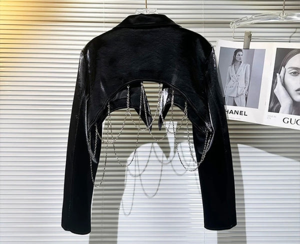 Women Black Fashion Chain Faux Leather Crop Jacket