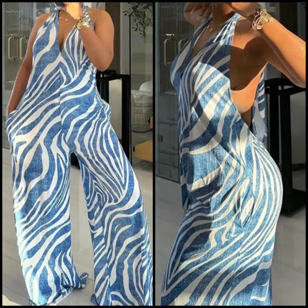 Women Halter Sleeveless Striped Wide Leg Fashion Jumpsuit