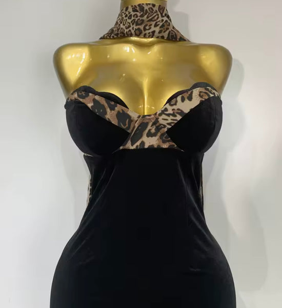 Women Sexy Strapless Black Leopard Patchwork Velvet Maxi Dress