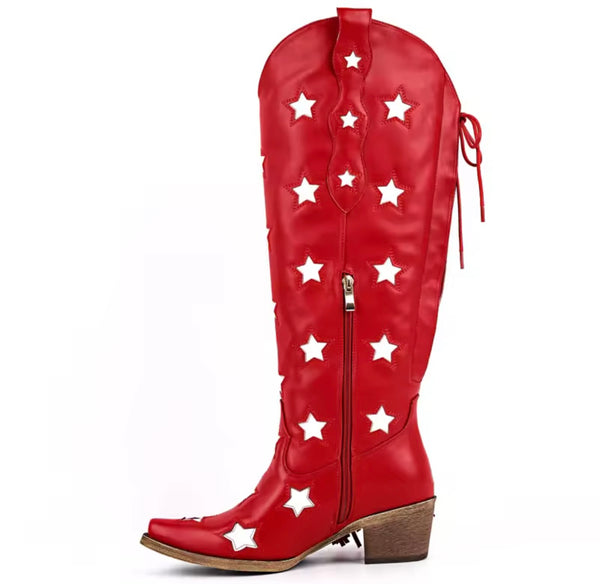 Women Fashion Star Fringe Tassel Knee High Western Boots