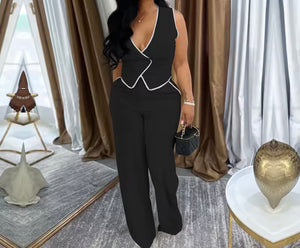 Women Fashion Sleeveless Striped Vest Two Piece Pant Set