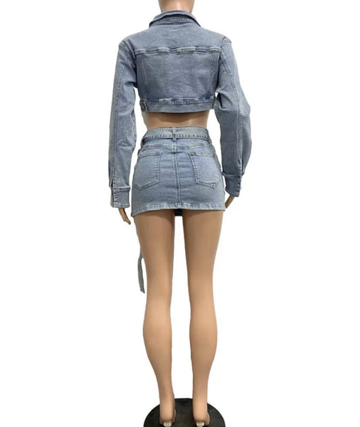 Women Fashion Two Piece Pocket Denim Crop Jacket Skirt Set