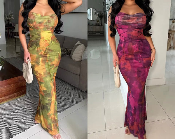 Women Sexy Sleeveless Color Printed Maxi Dress