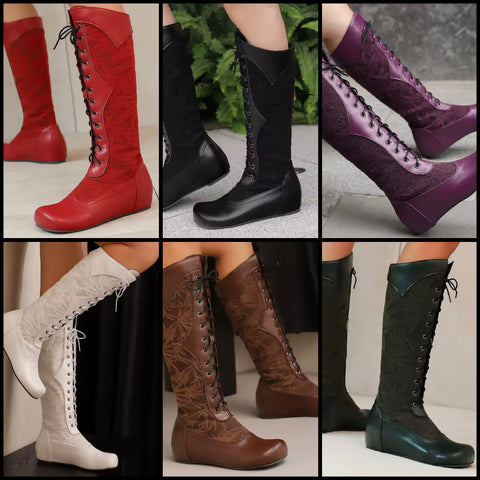 Women Fashion Floral Lace Up Flat Knee High Boots
