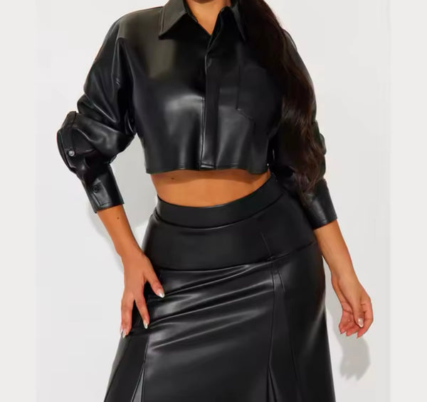 Women Sexy Faux Leather Button Up Full Sleeve Two Piece Maxi Skirt Set