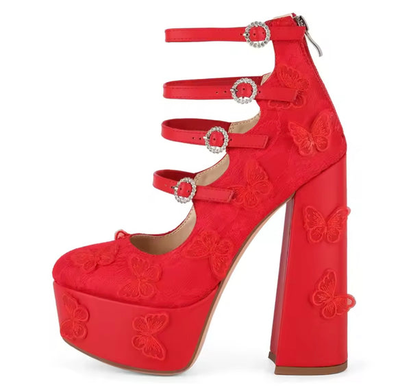 Women Fashion Platform Lace Butterfly Ankle Strap High Heels