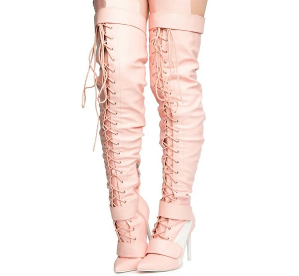 Women Fashion Faux Leather Lace Up Over The Knee Boots