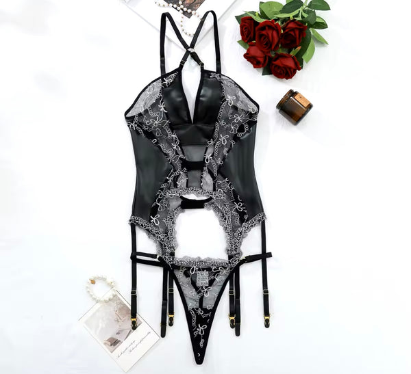 Women Sexy Black Pu Mesh Patchwork Lingerie Set