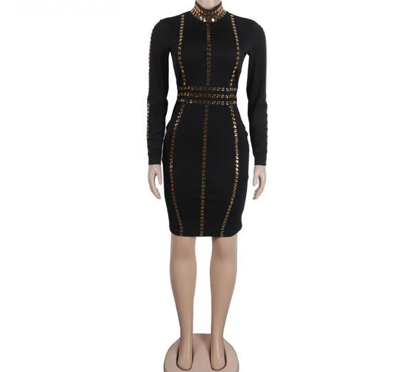 Women Sexy Full Sleeve Black Gold Rivet Patchwork Dress