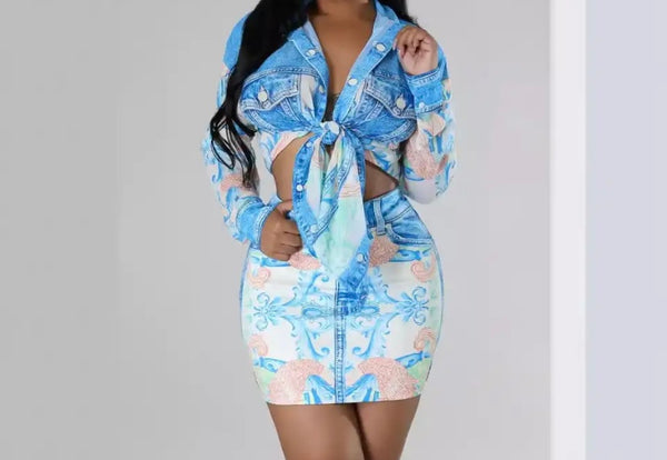 Women Full Sleeve Button Up Printed Two Piece Skirt Set