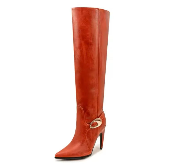 Women Buckled Faux Leather Fashion High Heel Knee High Boots