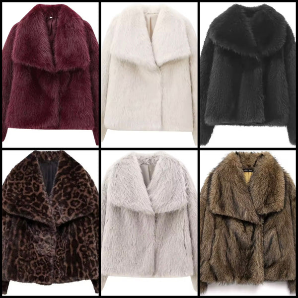 Women Color Fashion Faux Fur Warm Jacket