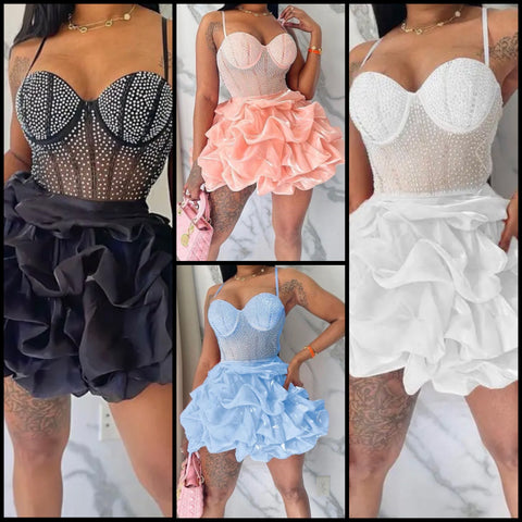 Women Sexy Sleeveless Mesh Bling Ruffled Satin Dress