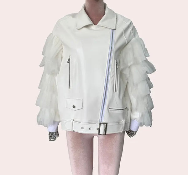 Women White Fashion Ruffled Faux Leather Jacket