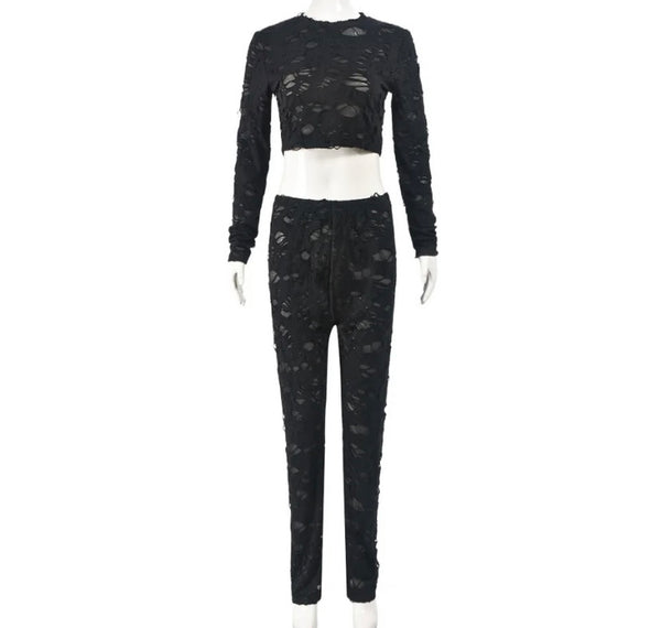 Women Sexy Black Ripped Full Sleeve Two Piece Pant Set