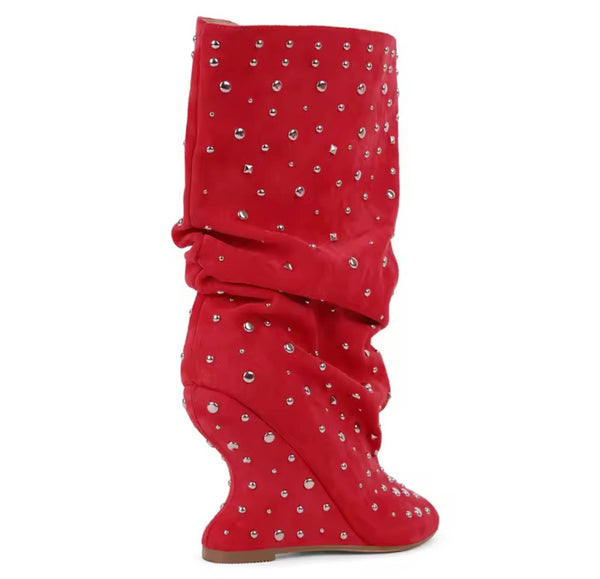 Women Fashion Open Toe Rivet Wedge Ruched Knee High Boots