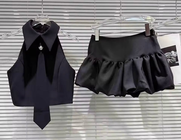 Women Sleeveless Tie Two Piece Puffy Skirt Set