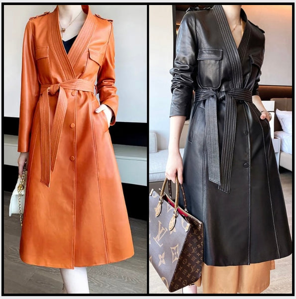 Women Fashion Color Faux Leather Belted Trench Jacket