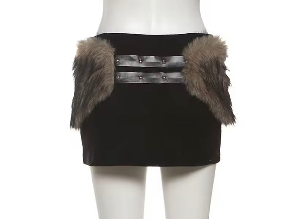 Women Strapless Fur Patchwork Two Piece Sexy Skirt Set