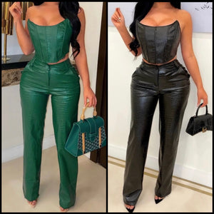 Women Sexy Solid Color Strapless Faux Leather Two Piece Pant Set