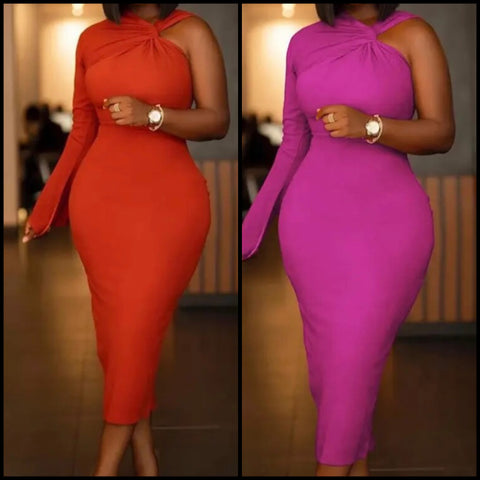 Women Sexy Solid Color One Shoulder Maxi Dress