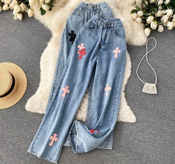 Women Fashion Color Cross Denim Pants