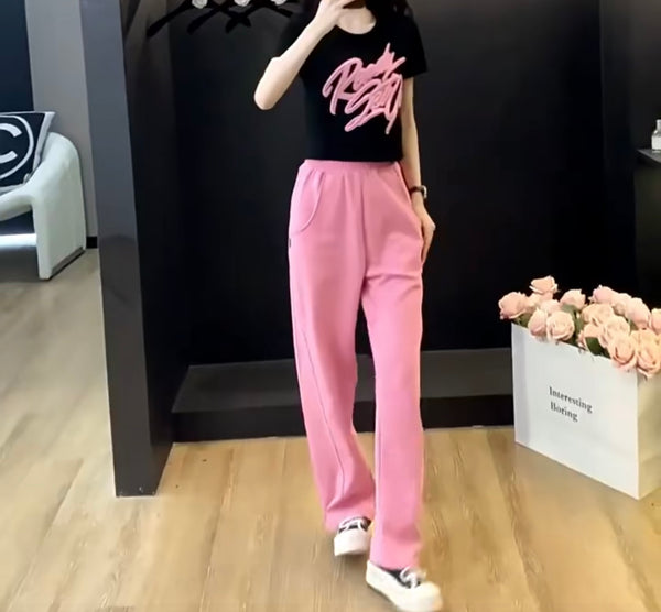 Women Fashion Letter Print Short Sleeve Two Piece Pant Set