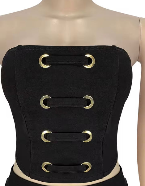 Women Sexy Strapless Black Metal Lace Up Two Piece Skirt Set