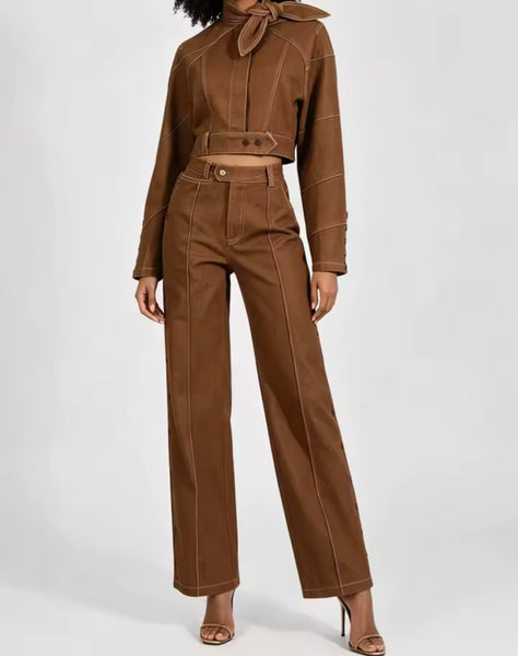Women Brown Fashion Denim Jacket Button Two Piece Pant Set