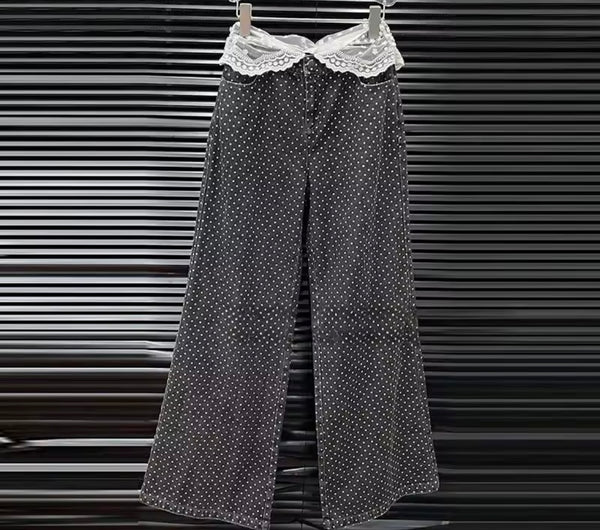 Women Lace Polka Dot Button Up Vest Denim Two Piece Pant Set