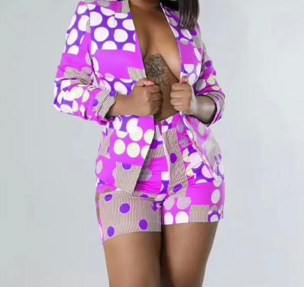Women Colorful Print Full Sleeve Fashion Blazer Two Piece Short Set
