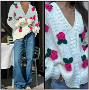 Women V-Neck Button Up 3D Floral Fashion Full Sleeve Sweater Top