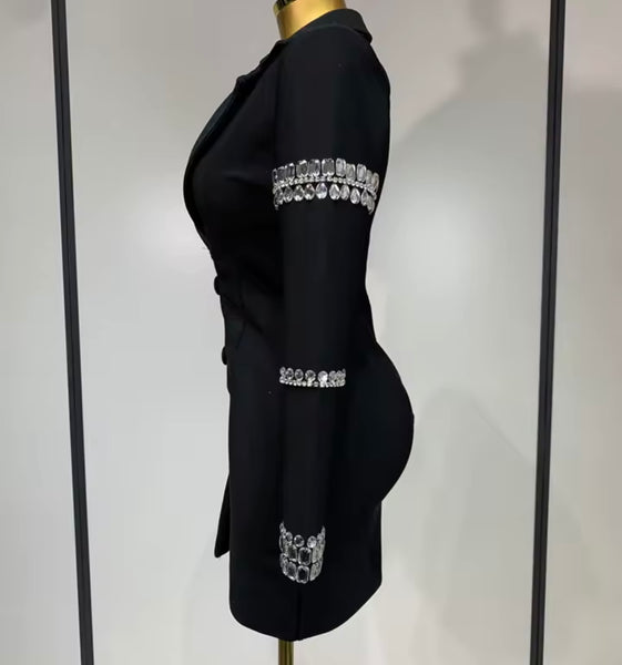 Women Sexy Black Button Up Crystal Full Sleeve Blazer Dress