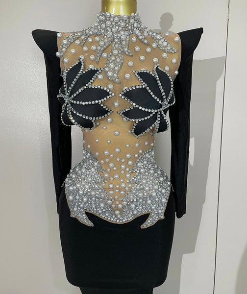 Women Sexy Rhinestone Pearl Mesh Patchwork Maxi Dress