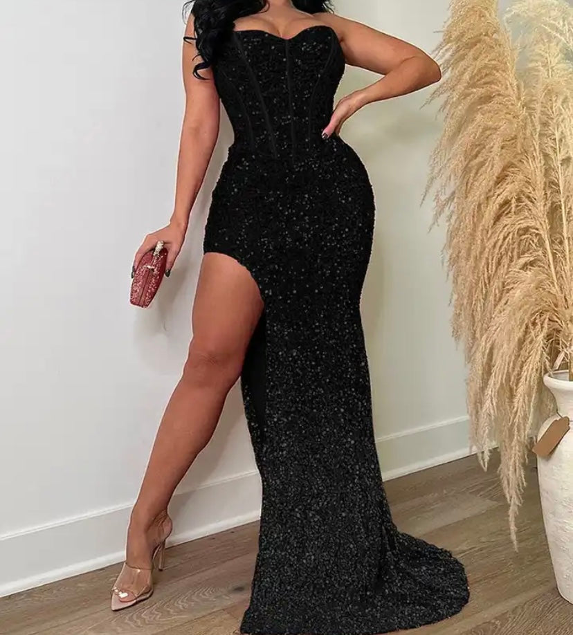 Women Sexy Strapless Sequins Side Split Maxi Dress