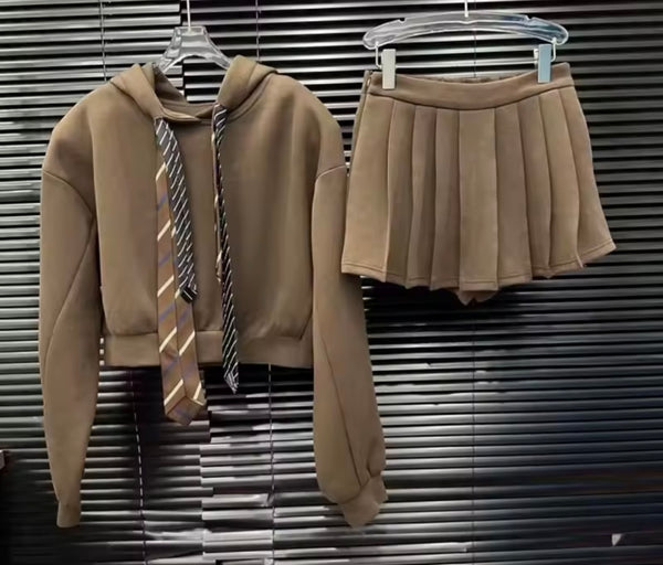 Women Striped Tie Hooded Sweater Two Piece Pleated Skirt Set