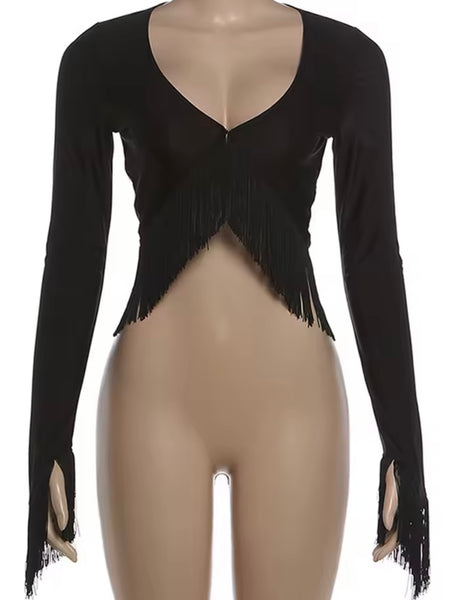 Women Black Off The Shoulder Fringe Tassel Crop Top