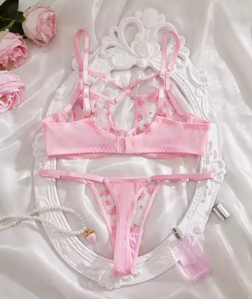 Women Sexy Pink Heart Floral Mesh Lingerie Set