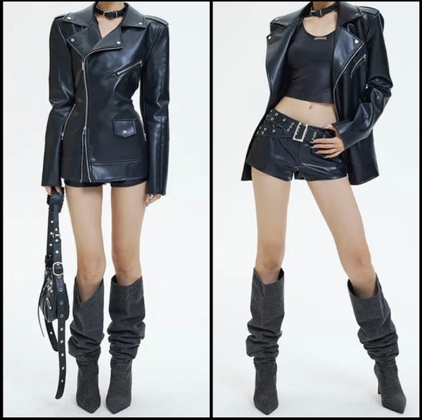 Women Black Fashion Faux Leather Zip Up Jacket
