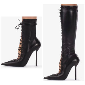Women Black Pointed Toe Lace Up Ankle/Knee High Fashion Boots