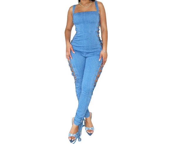 Women Sexy Sleeveless Side Cut Out Lace Up Denim Jumpsuit