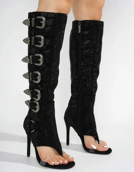 Women Fashion Open Toe Bling Buckled Knee High Boots