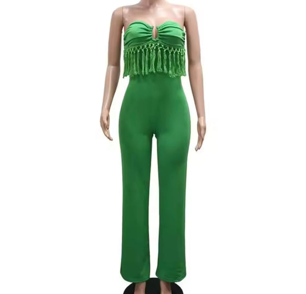 Women Color Strapless Fringe Fashion Jumpsuit
