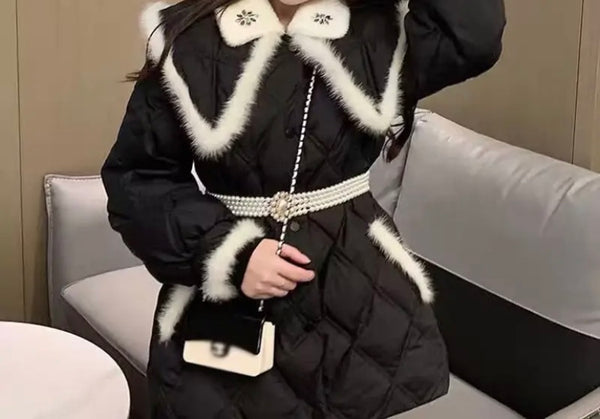 Women Fashion B&W Faux Fur Patchwork Pearl Belted Jacket