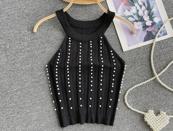 Women Fashion Sleeveless Pearl Crop Top